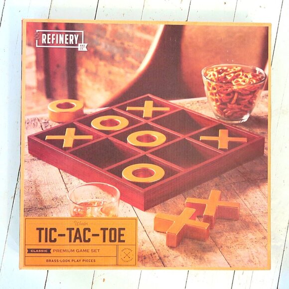 Refinery & Co. Wood Tic-Tac-Toe 14" Premium Board Game Brass-Look Play Pieces - Picture 2 of 6